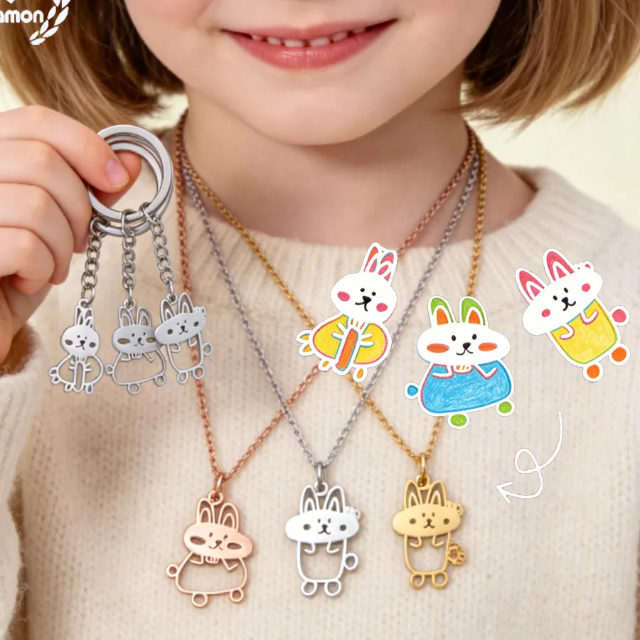 Authentic Diamon Custom Children's Drawing Hand-Painted Necklace Bracelet Keychain Kids Family for Woman Baby Jewelry