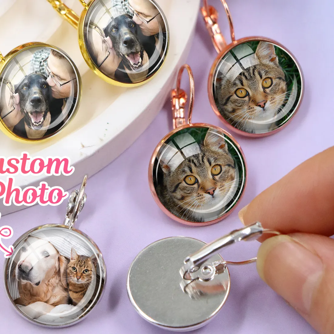 Authentic Custom Photo Earrings, Personalized Picture Drop Earrings With Leverback Hooks, Pet Portrait Jewelry