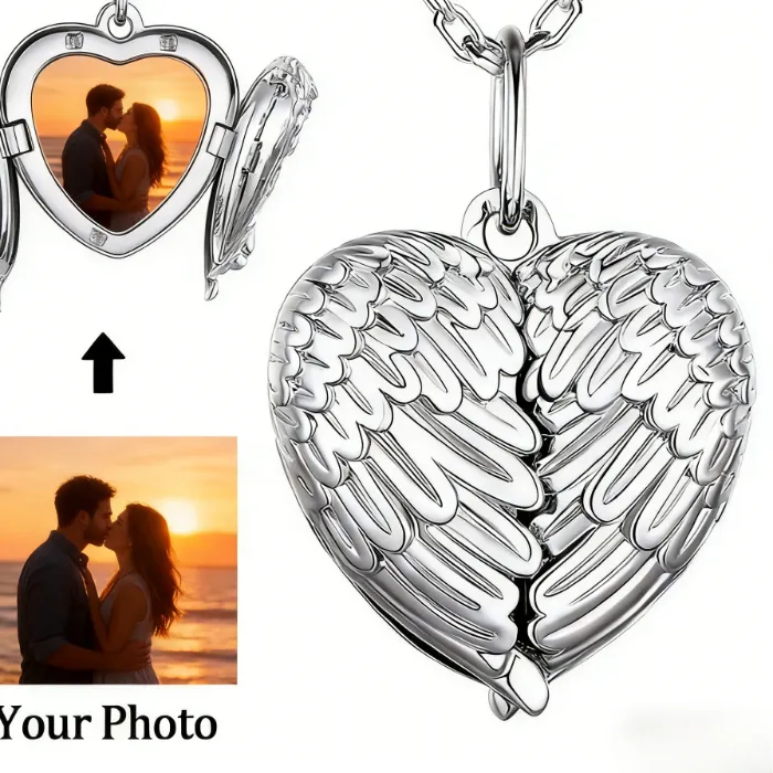 Authentic Personalized Angel Wing Small Box Locket Necklace Custom Picture Photo Pendant Necklace Unique Christmas Valentine Keepsake