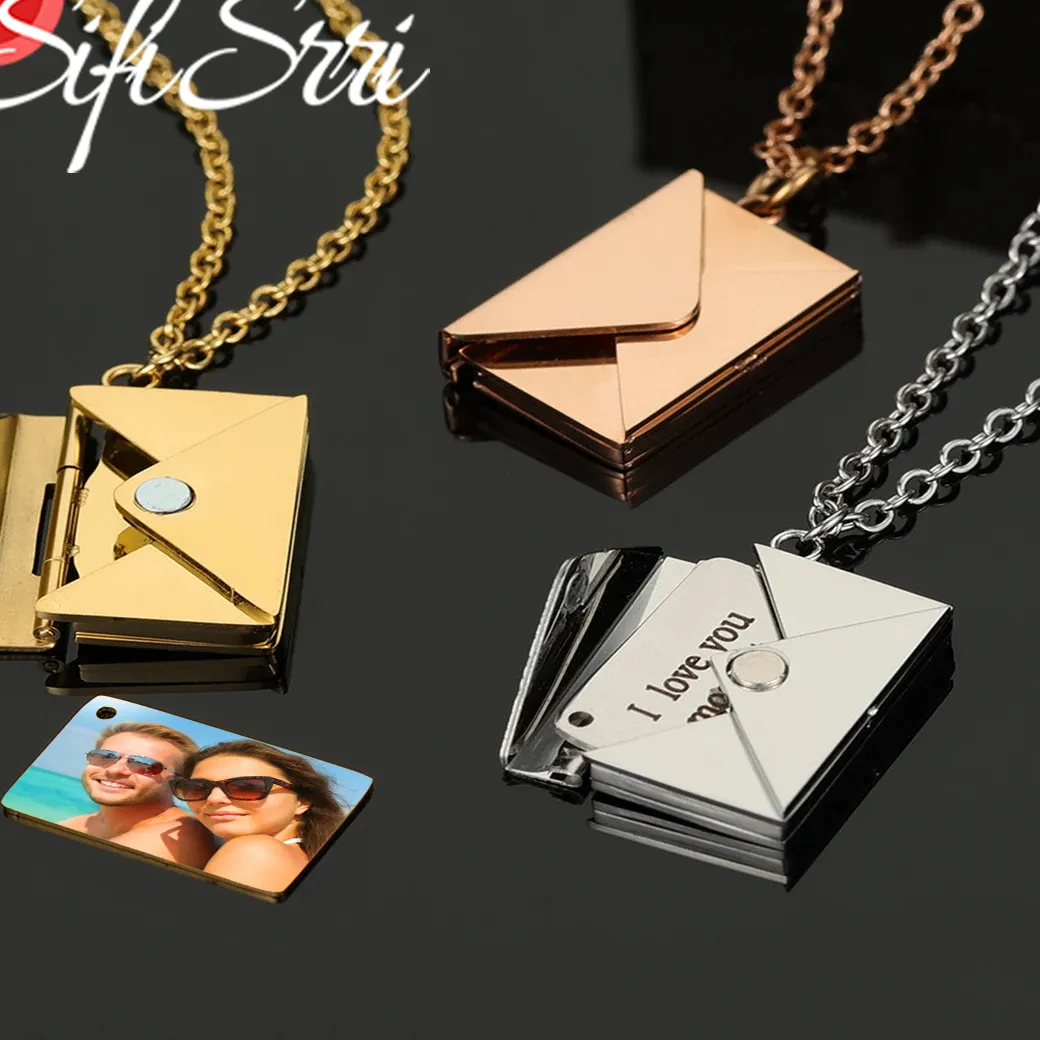 Authentic Sifisrri Engrave Photo Name Envelope Locket Pendant Necklace Jewelry Personalized Birthday