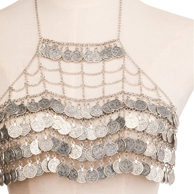 Authentic Beach Gypsy Coin Tassel Sexy Bra Chain Statement Body Jewelry Metal Mesh Slave Harness Body Chains Turkish Ethnic Belly Dance.
