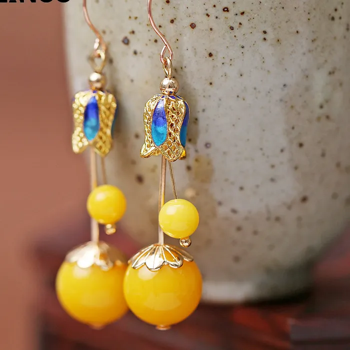 Authentic Ethnic Wind Silver Beeswax Earrings Female Chinese Wind Amber Earrings Chicken Oil Yellow Old Wax Cloisonne Vintage Jewelry