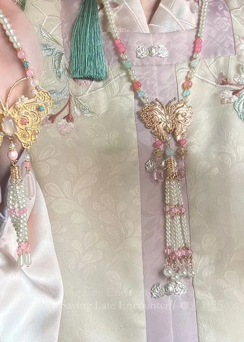 Authentic Pink Butterfly Long Tassel Beaded Necklace Chinese Style Niche Ancient Costume Hanfu Horse Face Skirt Cheongsam Accessories