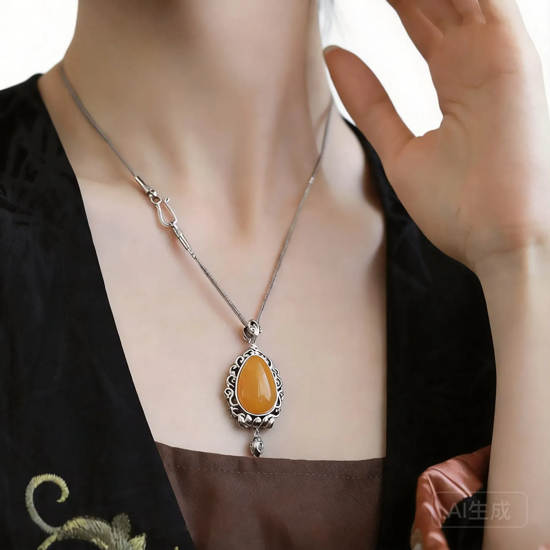 Authentic Traditional Chinese Fengshui Palace Style Vintage Ethnic Lucky Lotus Water Drop Pendant Necklace Hollow Out Tassel Antique Finis