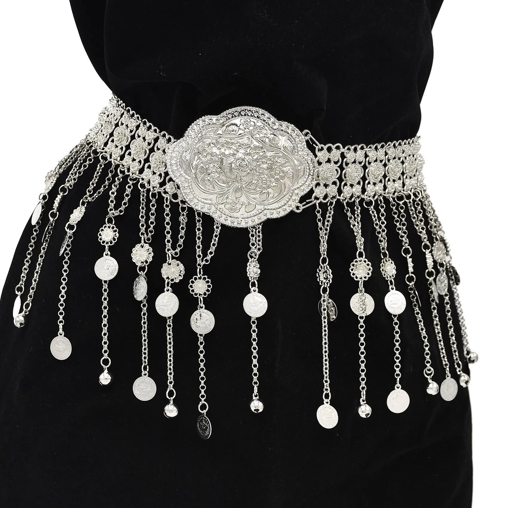 Authentic Silver Plated Moroccan Caftan Belt Geometry Coins Tassel Belly Chains for Women Ethnic Tribal Indian Turkey Body Jewelry