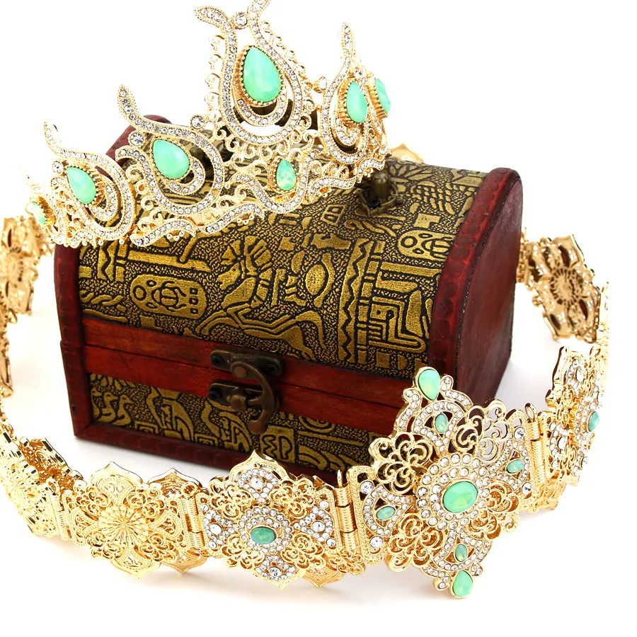 Authentic Sunspicems Mint-Green Crystal Algeria Women Belt Crown Sets Gold Color Arabic Wedding Jewelry Morocco Caftan Belt Chain Tiaras