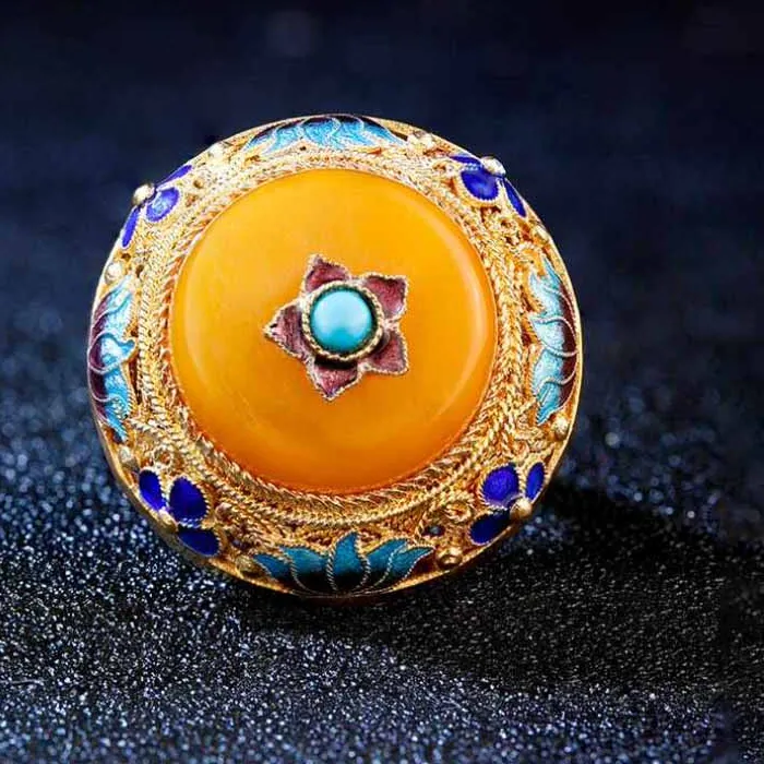 Authentic Ancient gold craftsmanship natural yellow chalcedony lotus enamel porcelain rings for women palace style luxury dinner jewelry