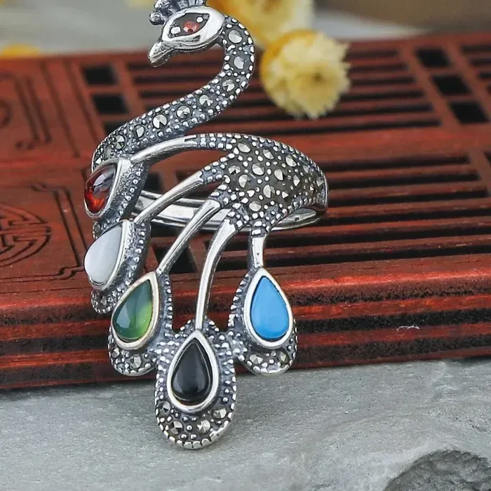 Authentic Ethnic Style 925 Silver Multicolored Gemstone Exquisite Peacock Ring for women Vintage Exaggerated Elegant Jewelry Opening