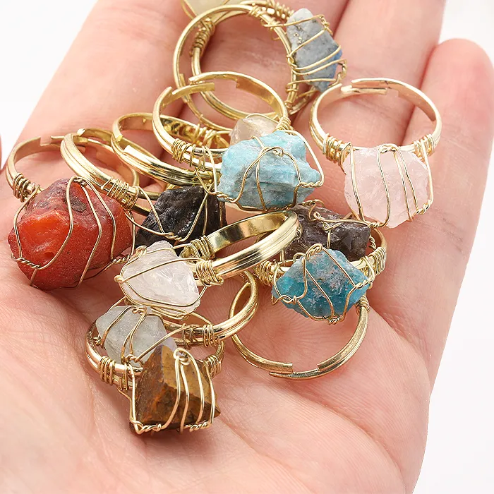 Authentic Natural Stone Irregular Gemstone Mineral Ring 10- 20Mm Amethyst Rose Quartz Gemstone Jewellery Adjustable Hand- Woven Ring