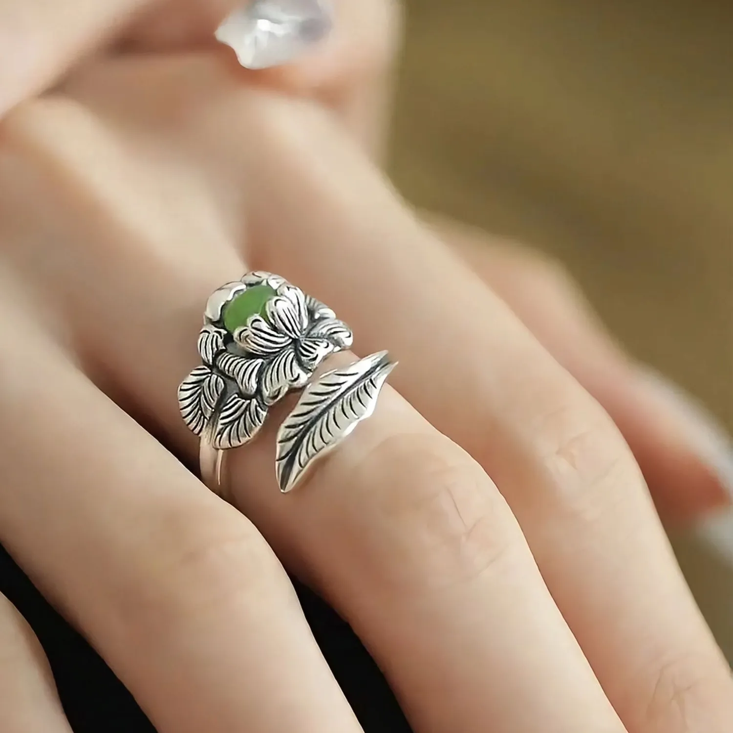 Authentic Ethnic Style Relief Leaf Lotus Flower Ring Women Jewelry Retro Jade Green Oval Ring For Lady Finger Accessories