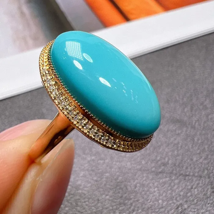 Authentic Original design Large oval turquoise rings for women Classic ethnic style Simple blue engagement banquet jewelry adjustable