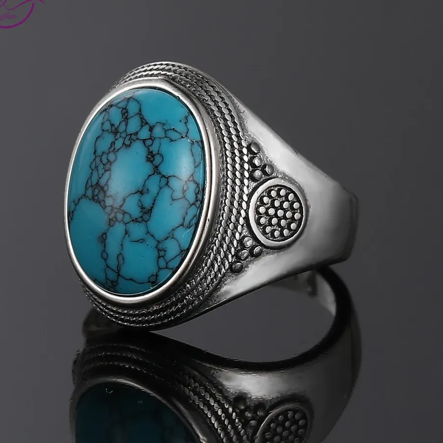 Authentic Luxury Vintage S925 Silver Ring 10x14MM Big Oval Natural Turquoise Rings for Women Men Fine Jewelry Party