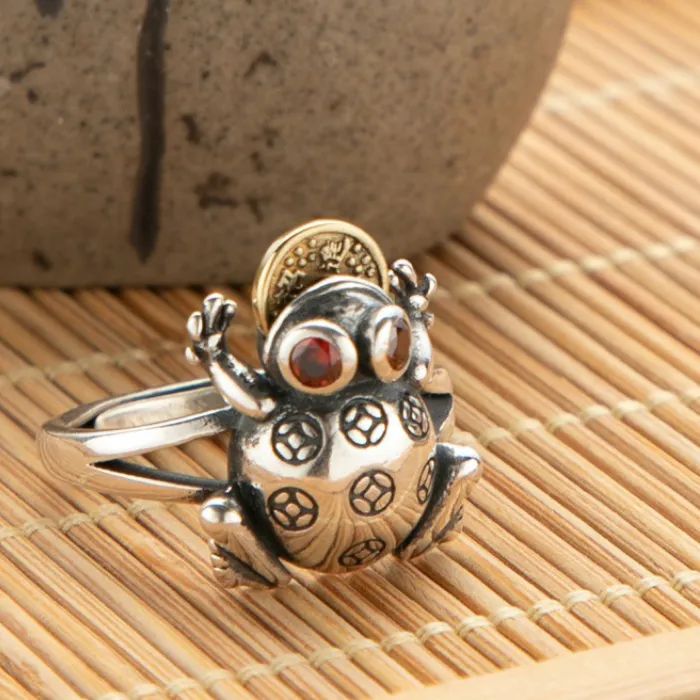 Authentic Unique Design Gold Toad Rings 925 Silver Ethnic Style Red Crystal Coin Ring Adjustable Opening Jewelry