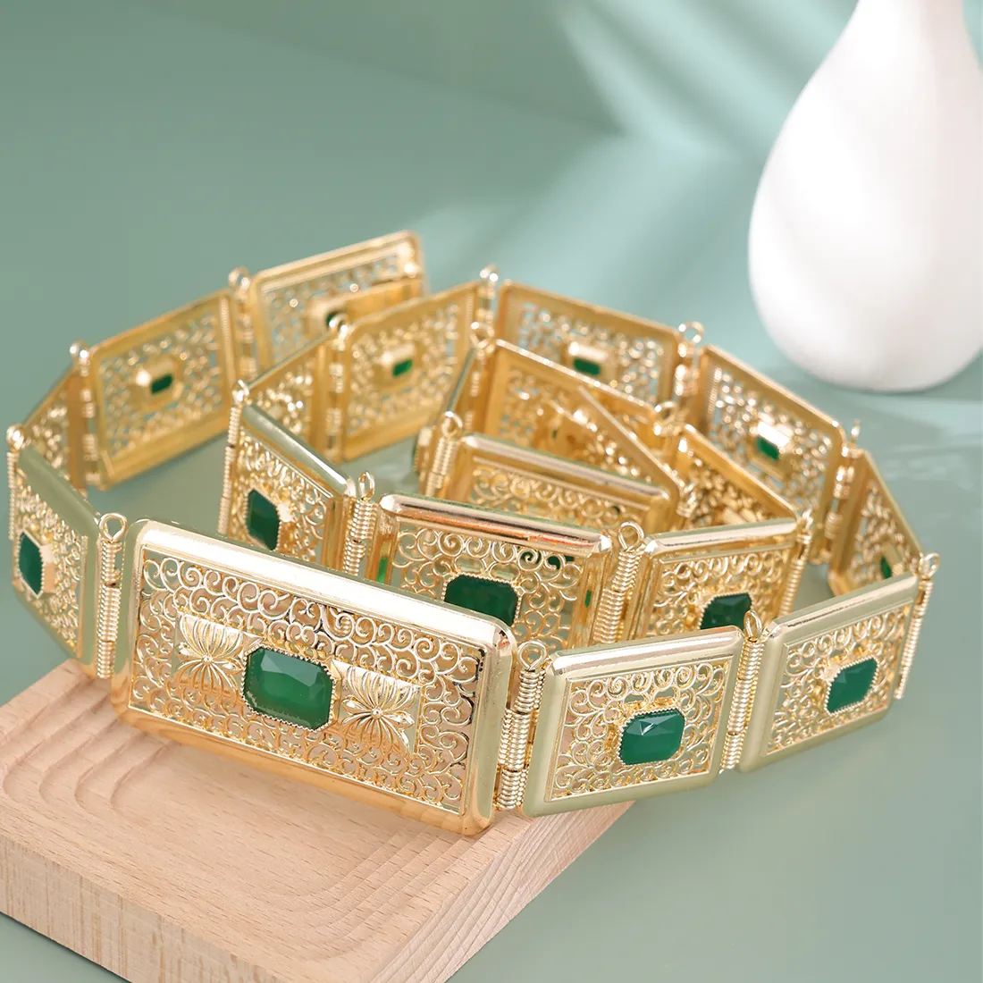 Authentic Luxury Bride Wedding Jewelry Inlay Big Gemstone Moroccan Caftan Belt For Women Dress Waist Chain