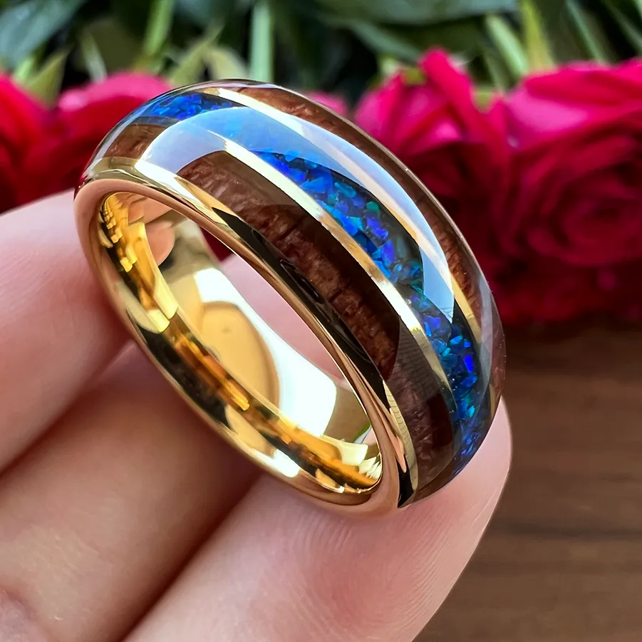 Authentic 8MM Nice Wedding Band Gold Tungsten Opal Ring With Wood Inlay Luxury Jewelry High Quatliy Comfort Fit