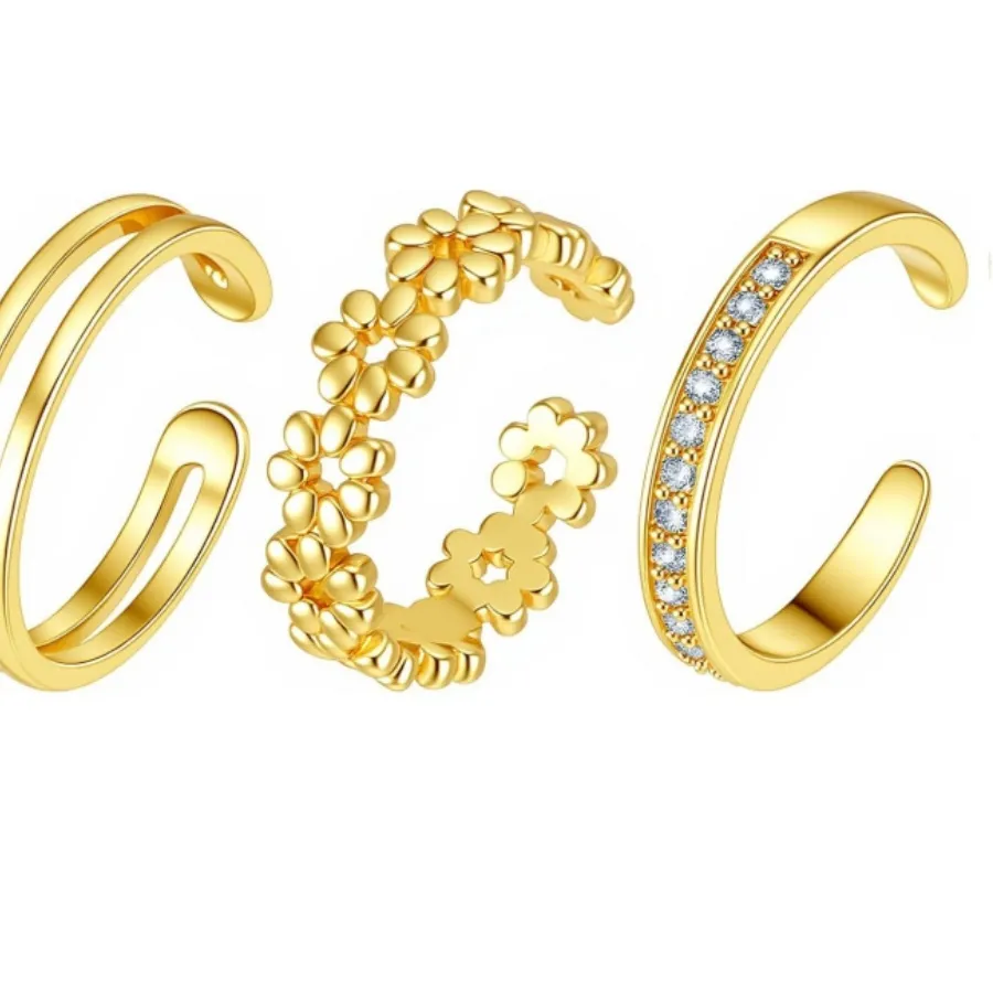 Authentic The Golden Bloom's Embrace: A Set of Three Open Adjustable Rings