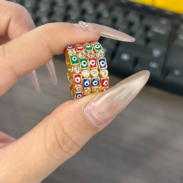 Authentic Vibrant Gilded Guardian: The Enamel Evil Eye Eternity Band