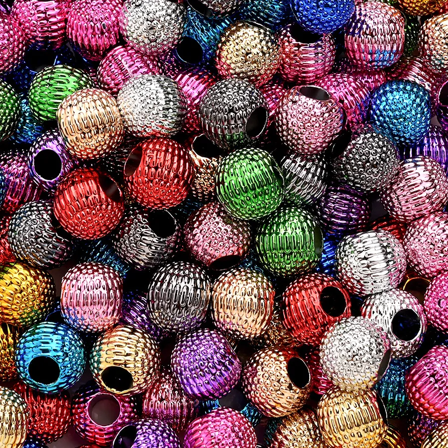Authentic 90pcs Multicolor Round Acrylic Beads Textured Metal Beads with Large Hole DIY Jewelry Making Supplies for Bracelet Necklace