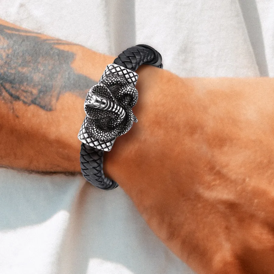 Authentic U7 13mm Wide Leather Bangle Bracelet for Man Cobra Snake Charm 19/21/23cm Bracelet Magnetic Clasp Gothic Jewelry