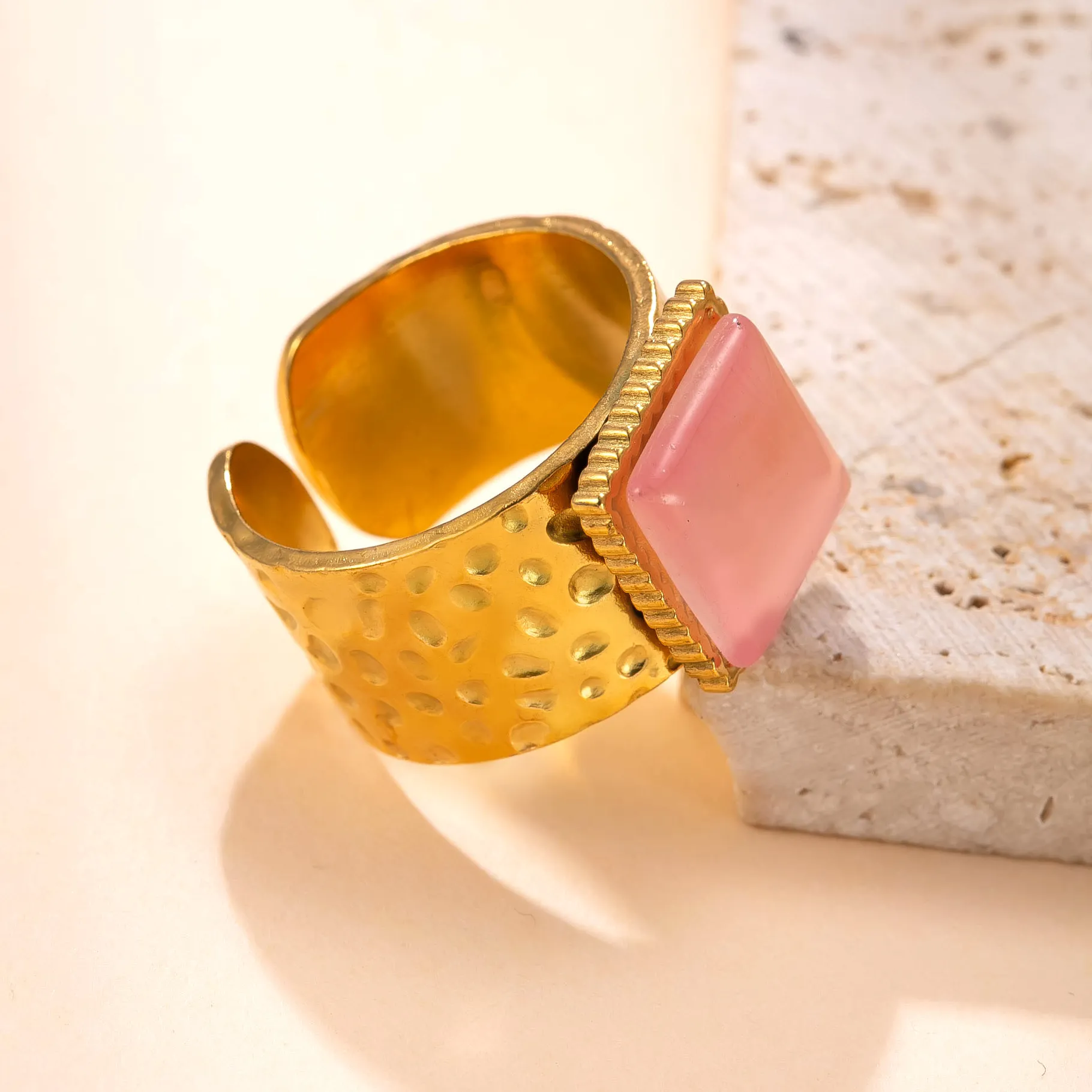 Authentic Fashion Natural Stone Stainless Steel Square Thin Chic Ring Women 18K PVD Plated Waterproof Jewelry Accessories Gift