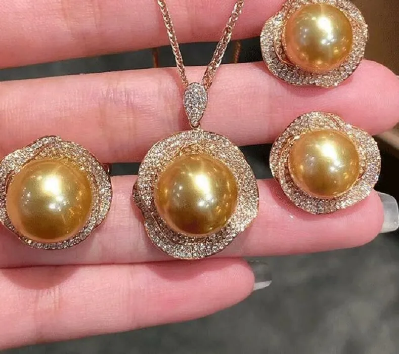 Authentic huge AAA 12-13mm 11-12MM  10-11mm 9-10mm  south sea Round  golden  PEARL EARRINGS pendant pink925