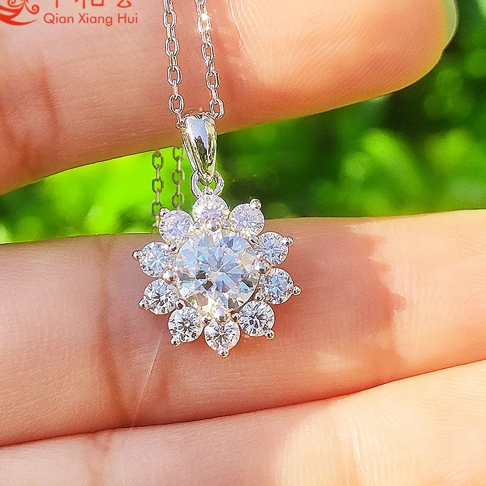 Authentic 13mm 1ct 6.5mm Sunflower moissanite stone pendant S925 silver necklace D VVS round Jewelry Engagement wedding datting gift