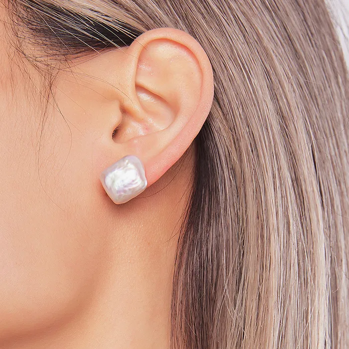 Authentic HENGSHENG 12-13mm Natural Pearls Colorful Square Baroque Earrings 925 Sterling Silver Simple For Women Girls Daily Jewelry