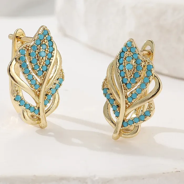 Authentic Creative Leaf Shaped Hoop Earrings Gold Plated Turquoise Brilliant Earrings Women's Temperament Elegant Bridal Wedding Jewelry