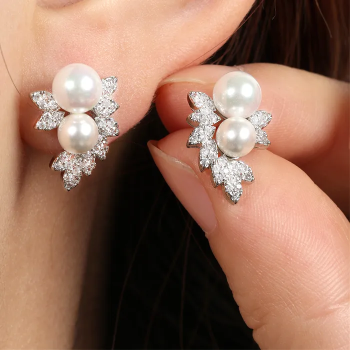 Authentic Uilz Exquisite Imitation Pearl Stud Earrings Leaf Shaped Zirconia Gold Color Earring Jewelry