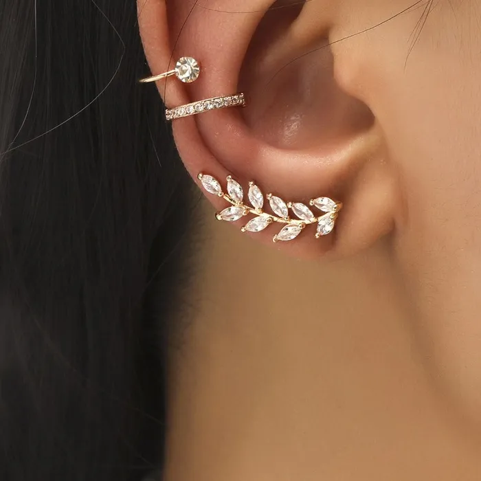 Authentic Zircon Ear Clip Set Gold Color Leaves Star Heart Stud Earrings for Women Simple Clip No Ear Piercing Jewelry