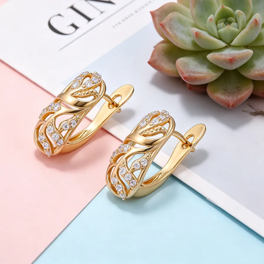 Authentic 14K Gold Plated Earrings for Women Sparkling Zircon Hollow Out Leaf Pattern Earrings Dainty Party Daily Jewelry Gifts