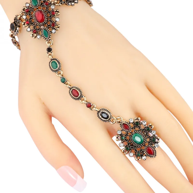 Authentic Kinel Unique Bracelet link Ring Turkish Jewelry Set For Women Antique Gold Crystal Flower Vintage Wedding Jewelry 2017