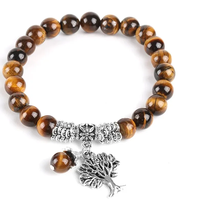 Authentic CSJA Natural Tiger Eye Lucky Gem Stone Tree of Life Bracelets 2017 Rosary Reiki Healing Energy Mala Yoga Beads Men Jewelry E725