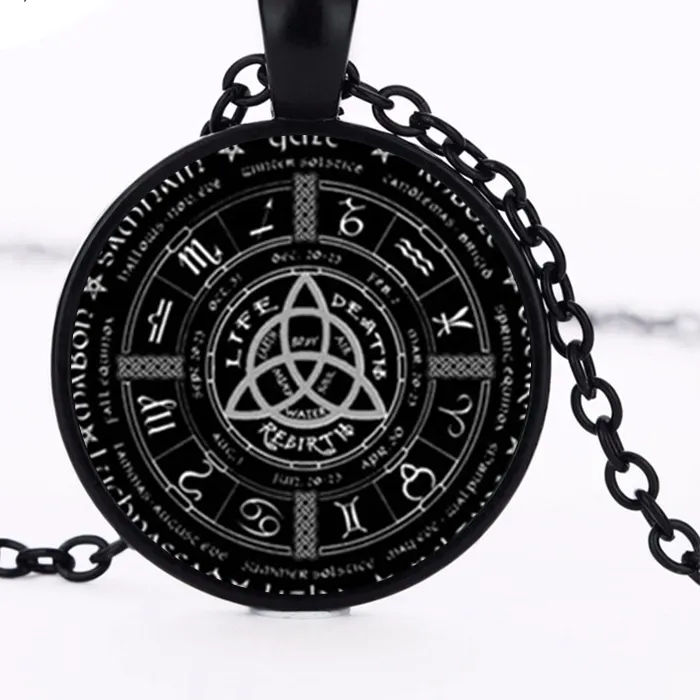 Authentic 2017 Pagan Wheel Of The Year Necklaces Pentagram Pendant Round Photo Wiccan Jewelry Glass Cabochon Necklace Link Chain Hz1