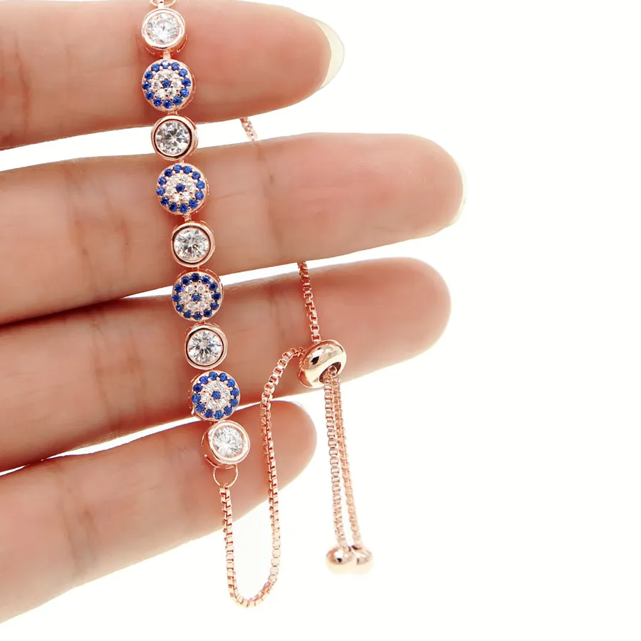 Authentic 2025 Mix 3 Color Gold Rose Silver Color 5mm Sparking AAA+ Cz Evil Eye Link Chain Girl Women Turkish Jewelry Pave Cz Bracelet