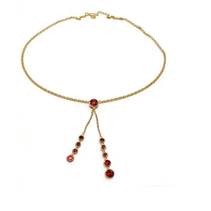 Authentic Adjustable Natural Garnet Lariat Necklace S925 Silver Gold Plated with Round Cut Red Gemstones for Women