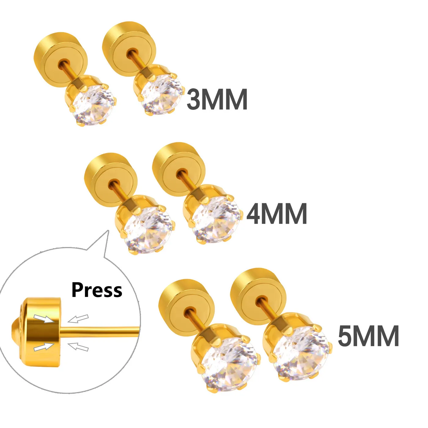 Authentic LUXUSTEEL Pendientes Za 2020 Anti-allergy Size 3mm 4mm 5mm Round Stud Earring Jewelry Baby Birthday Wedding Party