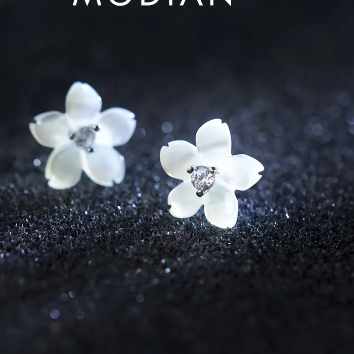 Authentic Modian Authentic 925 Sterling Silver Ceramics Flower Stud Earrings for Women Plant CZ Luxury Wedding Statement Jewelry 2020 NEW