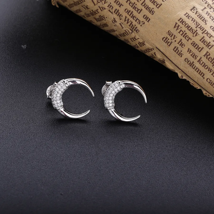 Authentic Slovecabin 100% 925 Sterling Silver Moon Stud Earring Crystal CZ Zircon Luxury New 2020 Fashion Rock Punk European Jewelry