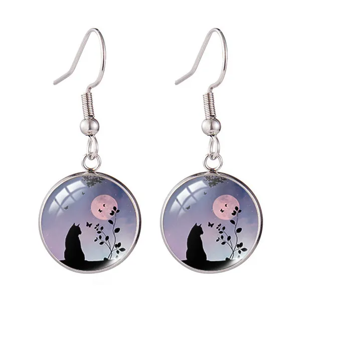 Authentic 2020 New Cute Cat with Moon Earring Animal Art Jewelry Round Glass Dome Fish Hook Earrings Gifts