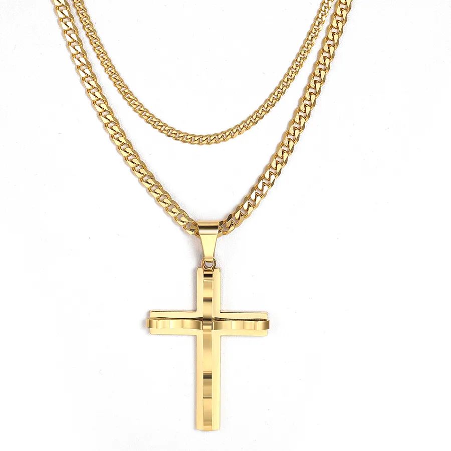 Authentic 2Pcs Cross Pendant Necklace with Curb Cuban Link Chain for Men Women Punk 2020 Jewelry