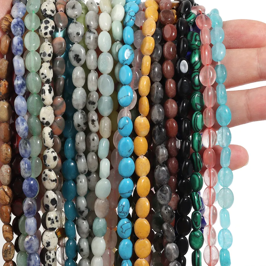 Authentic 45pcs/lot 8x6mm Oval Flat Stone Beads Agate Crystal Coral Aquamarine Green Aventurine Beads For Jewelry Making DIY Accessories