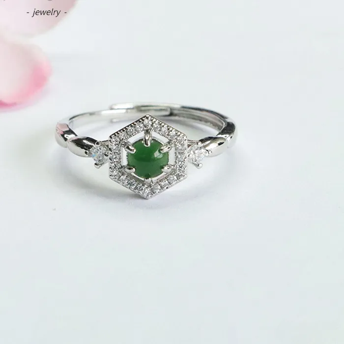 Authentic Natural A- Goods Jadeite Green Rhombus Ring Fine Ladies Gemstone Jewelry Holiday