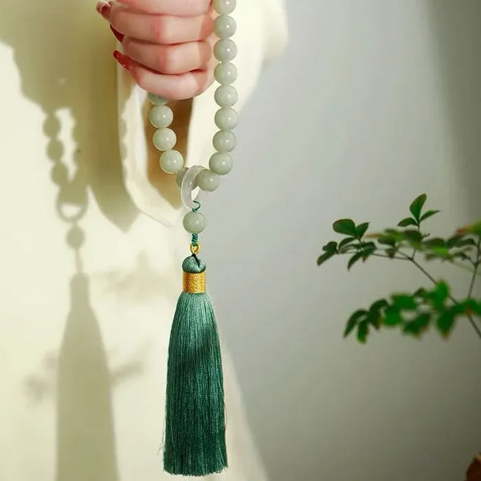 Authentic Sacred Verdant Mala The 12Mm Green Jade Tassel Talisman