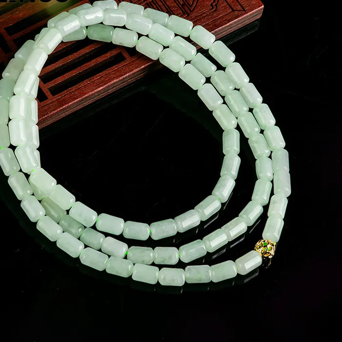 Authentic Natural A Goods Jade Light Green Jade Bead Necklace High-grade Luxury Women's Sweater Chain Three Circle Bracelet Holiday Gift