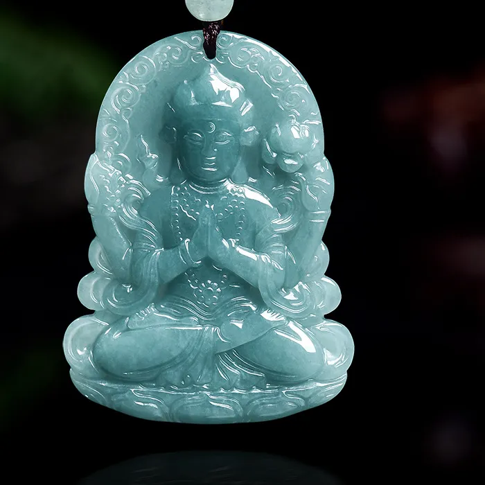 Authentic Natural A- Grade Blue Water Four- Armed Avalokitesvara Jadeite Pendant Ice- Texture Charms Jewelry
