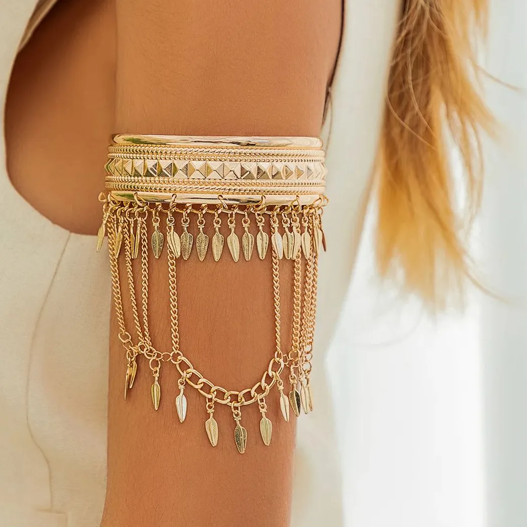 Authentic The Verdant Veil: Gilded Leaf Tassel Armlet