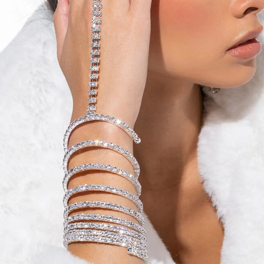Authentic XSBODY Multi-layer Crystal Finger Chain Bracelets for Women Rhinestone Stretch Bangle Upper Arm Bracelet Wedding Jewelry Gift