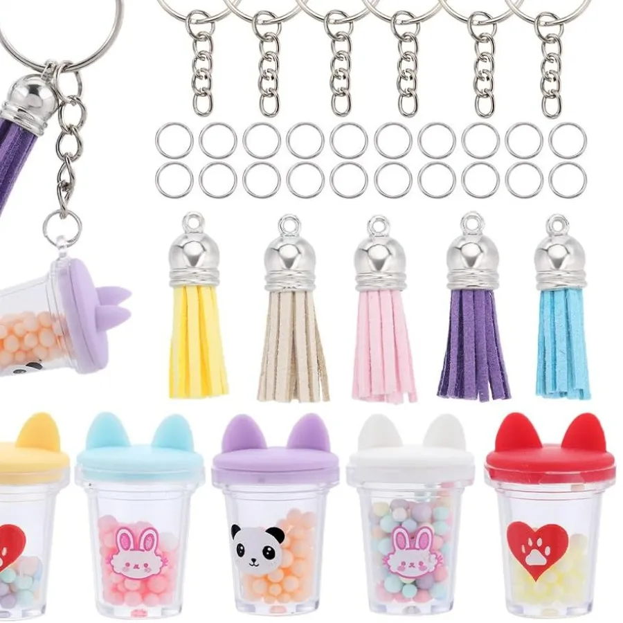 Authentic 50Pcs DIY 10Sets Milk Tea Charms Faux Suede Tassels Large Boba Tea Cat Charm Keychain Making Kit Resin Bubble Tea Key