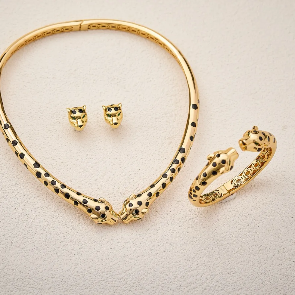 Authentic AY Luxury Fashion Jewelry Set Drop Black Oil Two-head Leopard Choker Necklace Bangle For Women Wedding Party Jewelry Gift